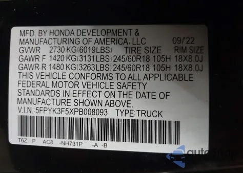 2023 Honda Ridgeline Rtl from USA, damaged, VIN 5FPYK3F5XPB008093